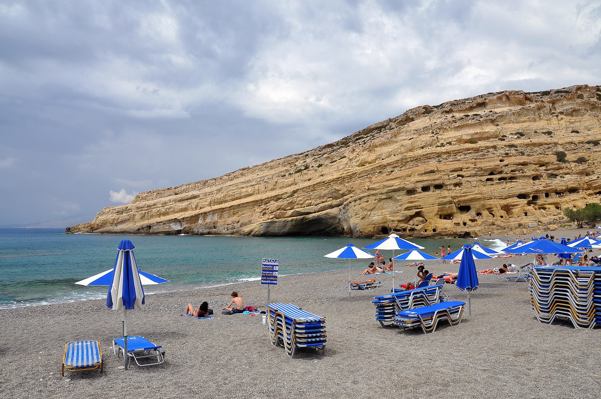 The golden sand and caves of Matala beach, south of Heraklion